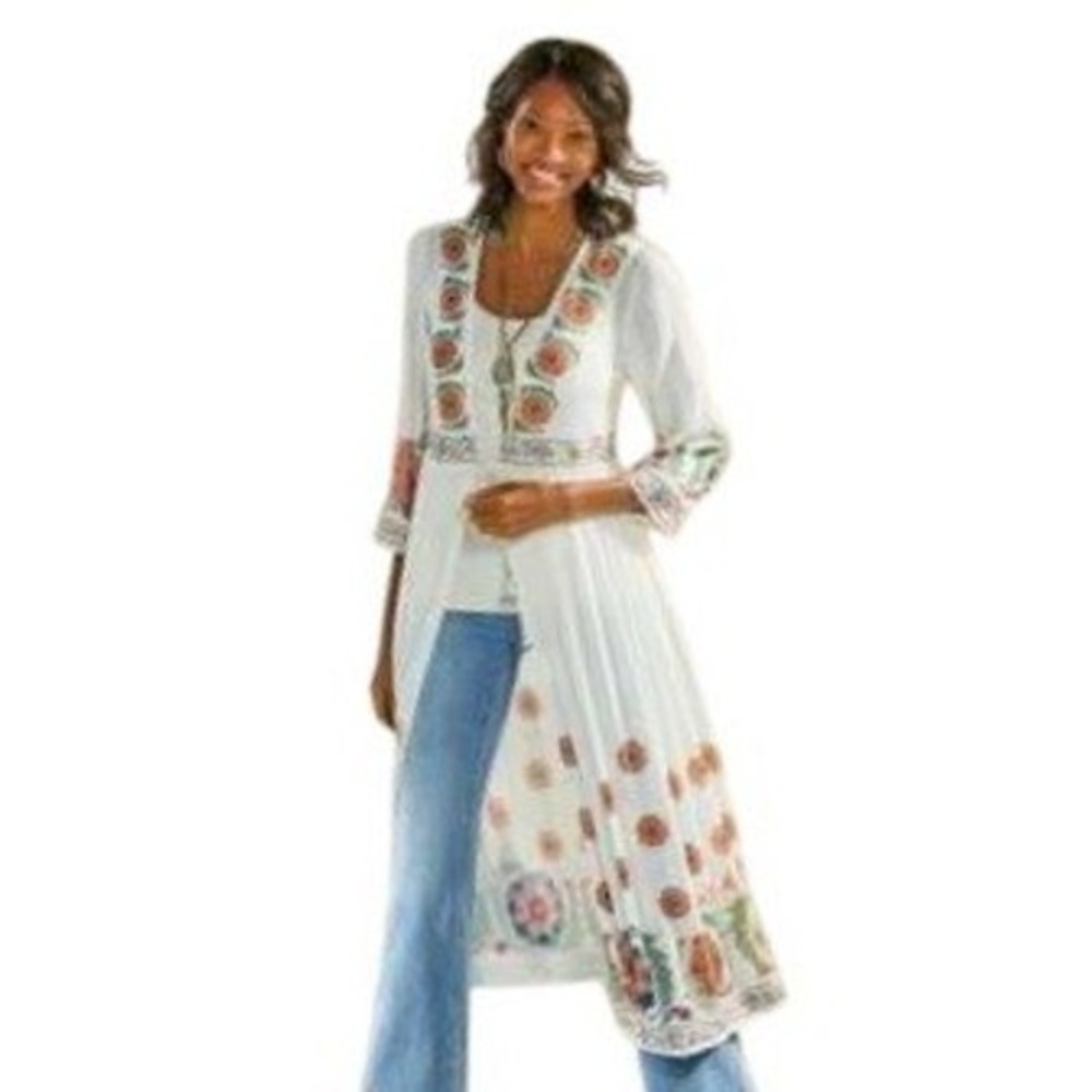 Soft Surroundings Womens Kimono Duster‎ 2X White Viscose Embroidered Tassel Boho